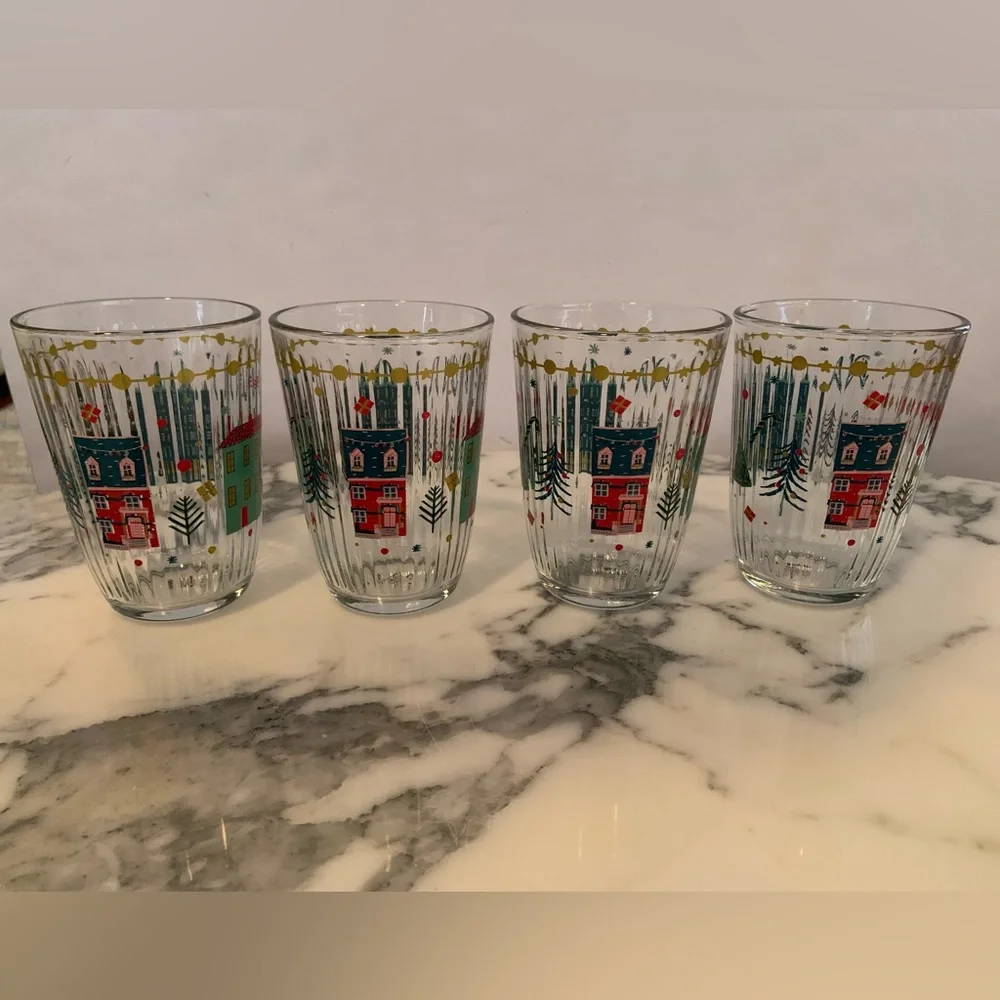 Rakle Holiday Village Christmas Tumblers Set Of 4 Ribbed Glass